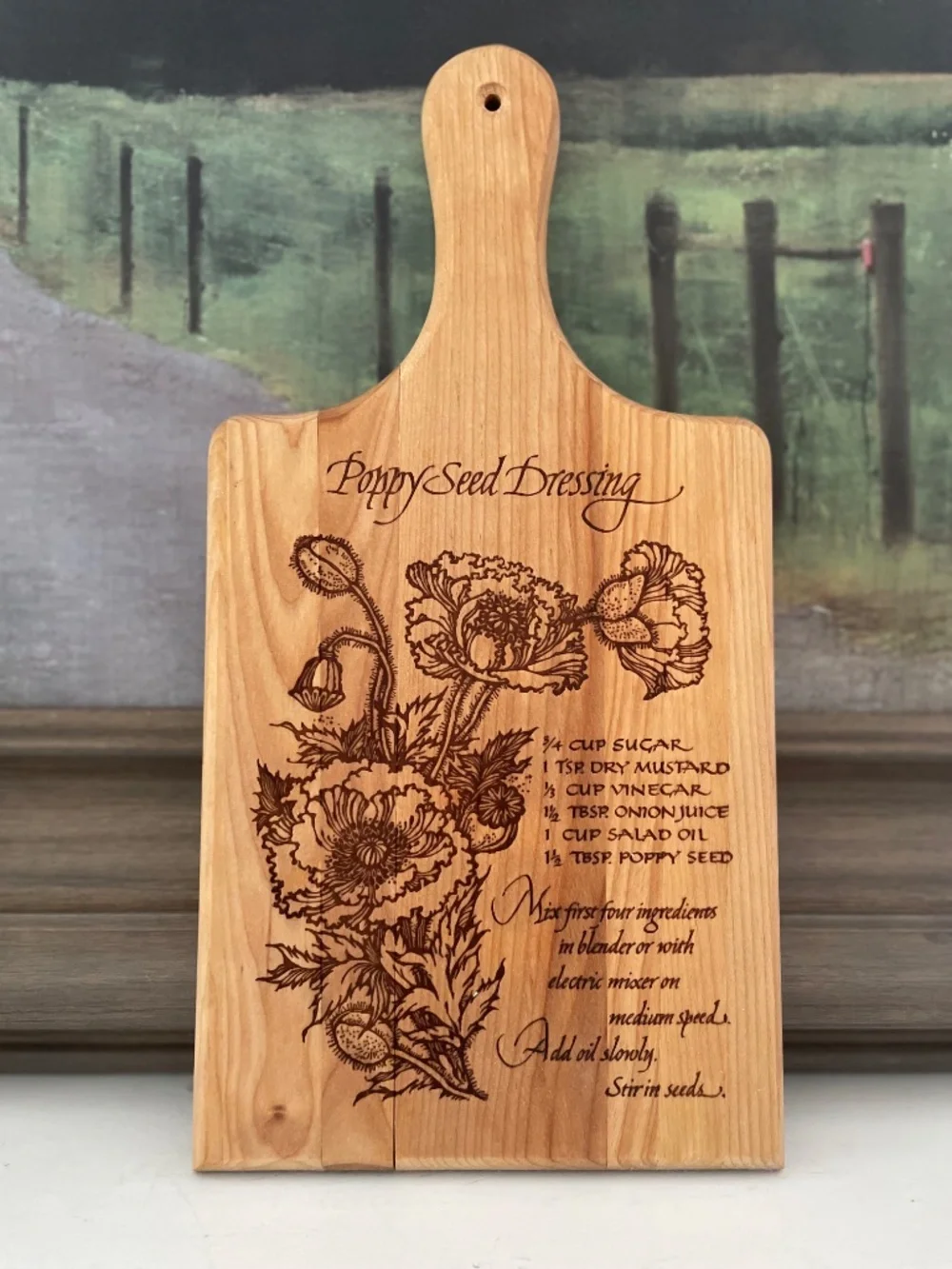 Wooden Floral Burnout Poppy Seed Dressing Recipe Cutting Board Kitchen Decor 13”